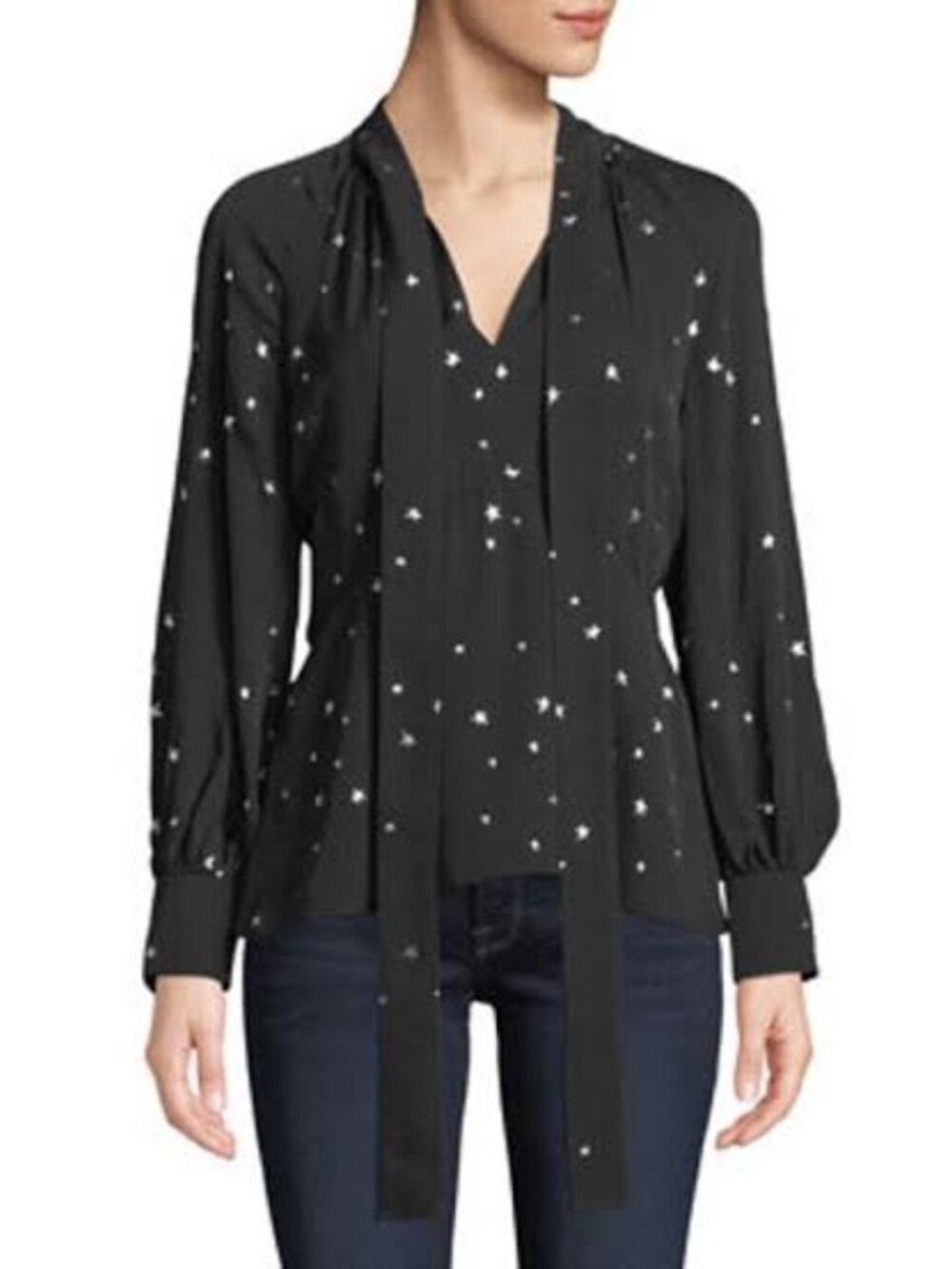 Tory Burch Star Print Silk Pleated Blouse Size 10 Tie Neck Dark Romance Gothmas